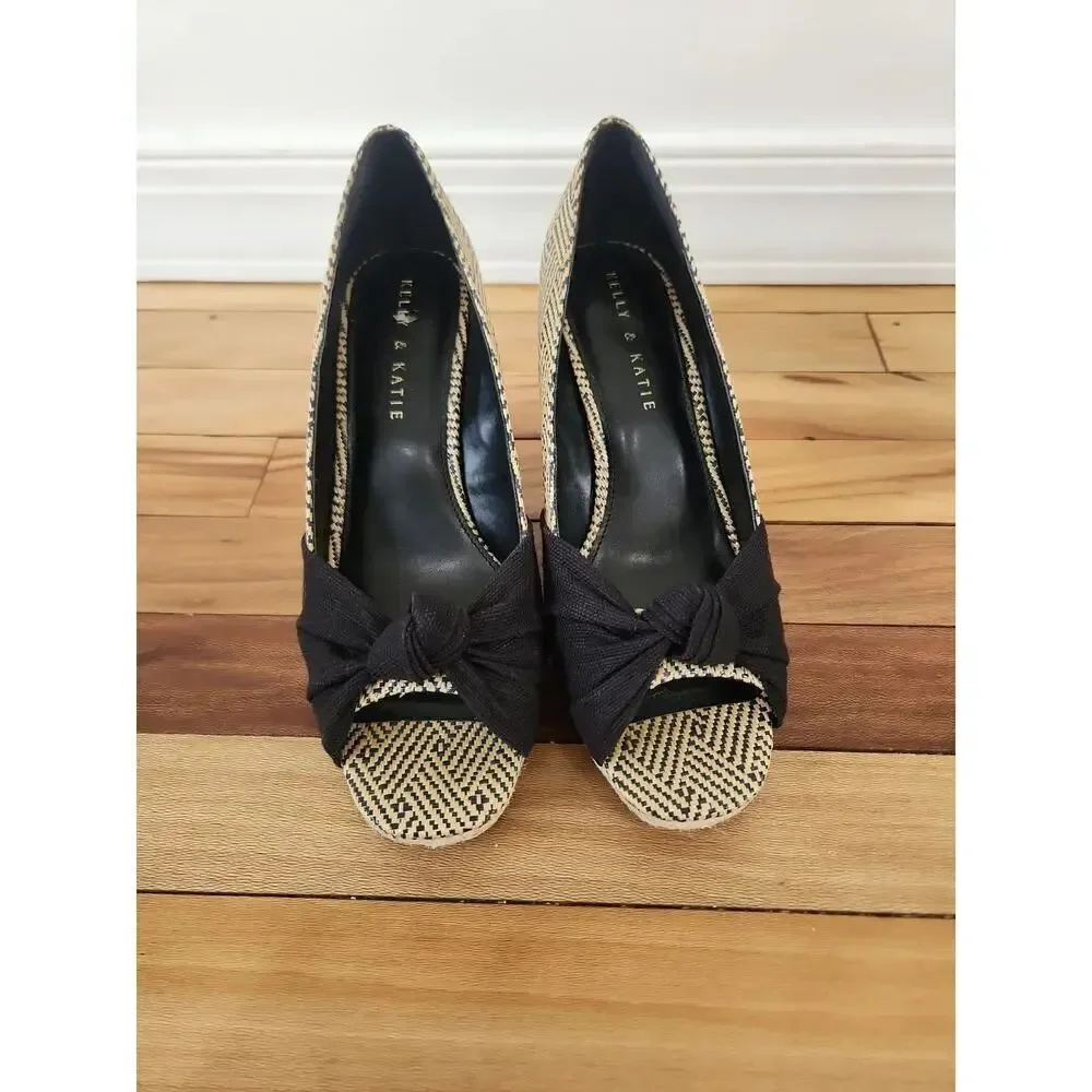 Kelly & Katie Bow Peep Toe Wedge Sandals Fabric Women's Heels 8.5 Espadrille